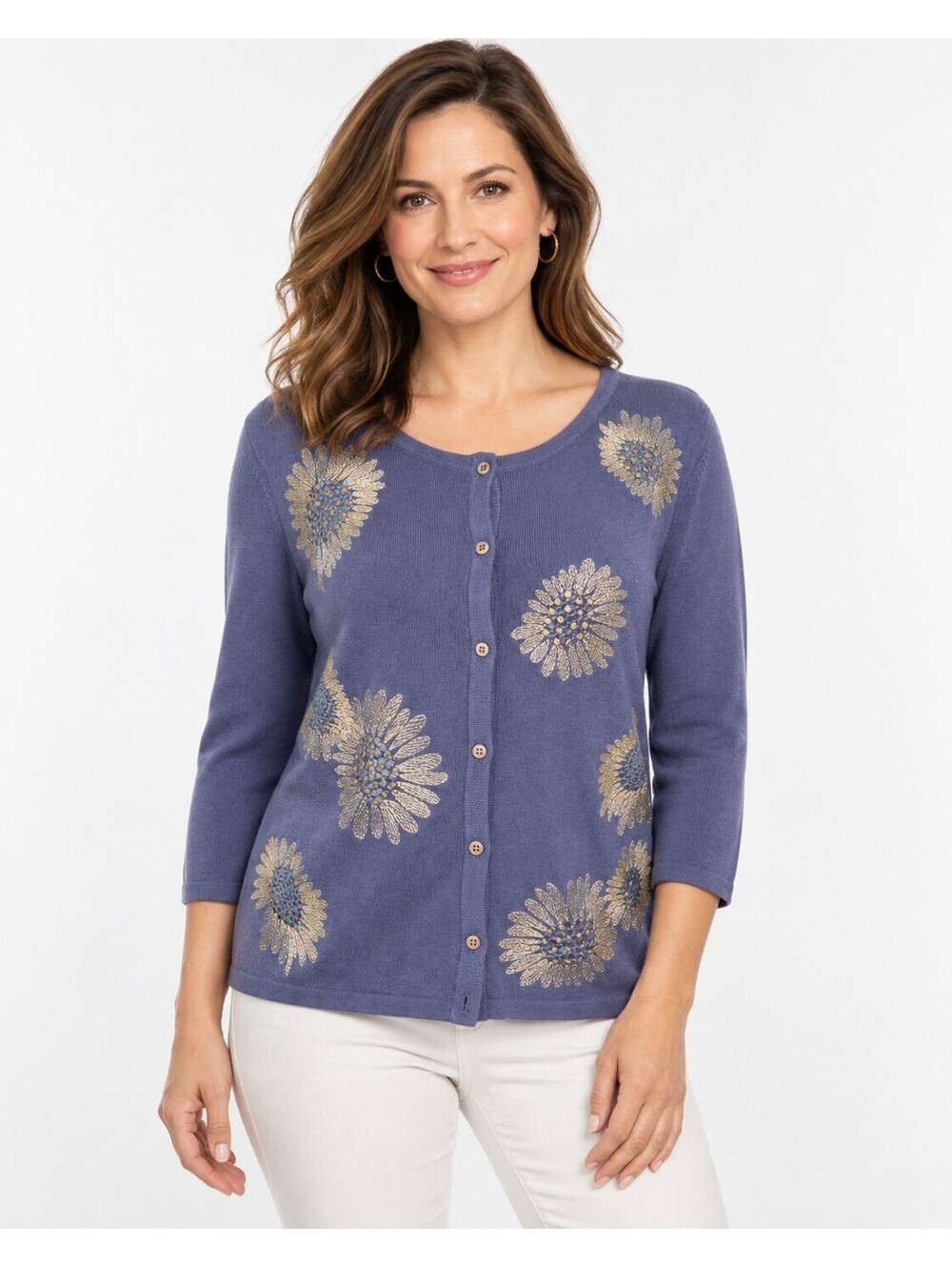 J Jill MP Cardigan Sweater Sea Holly Blue Floral Embroidered 3/4 Sleeves NWT